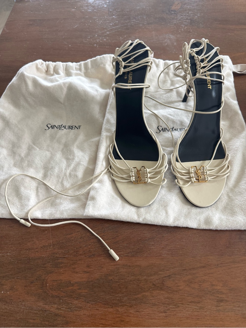 Saint Laurent Cream Lace-Up Strappy Heels with Gold Logo
